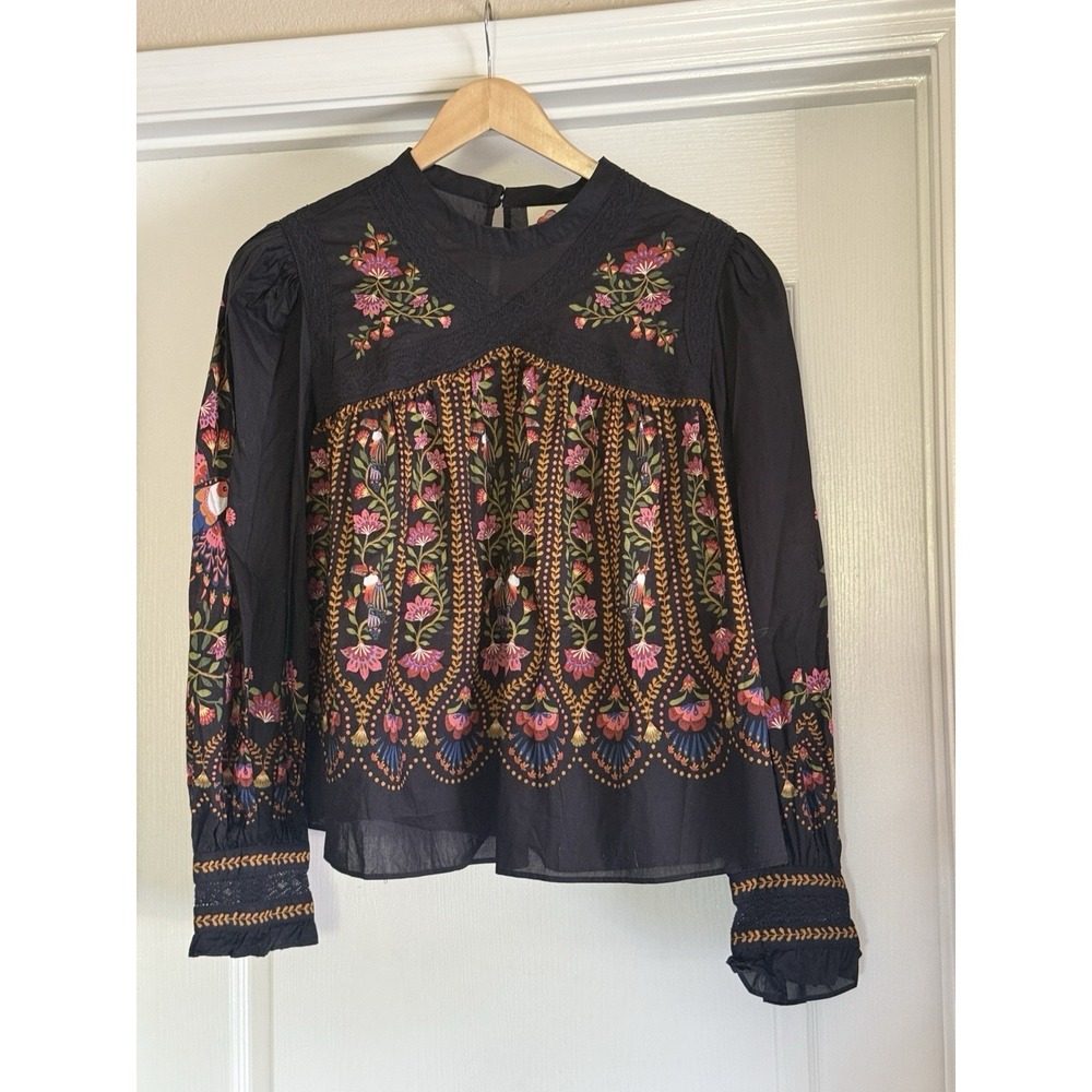 Farm Rio XL Bird Floral Lace Yoke Long Sleeve Boho Blouse - Picture 7 of 14